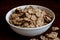 Wheat bran breakfast cereal in bowl.