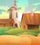 Wheat field. Farm with house and barn. Mature cereal agricultural plant vegetable garden. Farm to grow for flour. Rye or
