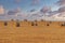 Wheat field with hale bales on the sunset