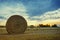 Wheat field after harvest with round straw bales in the meadow on farmland with blue cloudy sky