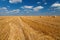 Wheat field after harvest with straw bales. Peaceful rich Ukraine before russian agression