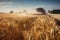 Wheat field with harvesting machine. Generative AI