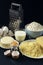 Wheat flour, few types of cheese, milk, eggs, grater â€“ preparation for making pie, pizza, baking. Process of cooking Adjaruli