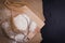 wheat flour in sacks With wheat ears on the table, black background