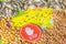 Wheat grains, corn and sunflower seeds on the map of Ukraine with stop sign