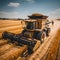 Wheat harvesting with combine harvester and tractor.generative ai