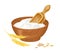 Wheat white flour in a wooden bowl, spoon and golden ears isolated.