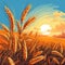 Wheatfield during sunset illustration. Ears of golden wheat close up art. Rich harvest Concept. Spikes of wheat in the field at