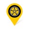 Wheel disc with tire on a pin place point symbol. Tire fitting service station location icon.