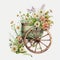 Wheel of Flowers: Recycled Wooden Wheel with Vibrant Blooms AI Generated