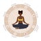 The Wheel of life. African woman in lotus position analysis her needs. Circle diagram of life balance with different