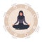 The Wheel of life. Arabian woman in lotus position analysis her needs. Circle diagram of life balance with different