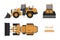 Wheel loader on white background. Top, side and front view. Hydraulic machinery image. Industrial drawing of bulldozer.