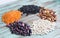 Wheel of orange lentils, white, purple, brown kidney haricot beans