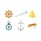 Wheel, ship bell, compass, anchor, spyglass, rope