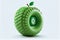 Wheel and tire is in the shape of a green apple. The tire sits on a white background, making it stand out even more