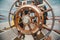 Wheel of a wooden antique sailing yacht