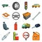 Wheel, wrench, jack and other equipment. Car set collection icons in cartoon style vector symbol stock illustration web.