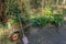 Wheelbarrow filled with leaves and branches with a fanned spade after gardening in spring