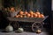 wheelbarrow filled with pumpkins in a rustic setting