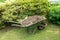 Wheelbarrow filled with soil or compost on a garden