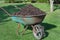 Wheelbarrow full of compost on green lawn in garden.