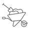Wheelbarrow with soil and shovel thin line icon, gardening concept, whell barrow and spade vector sign on white