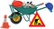 Wheelbarrow working with road accessories and work signals