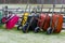 Wheelbarrows resting against fence