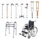 Wheelchair, cane, crutch, walkers. Set of special medical auxiliary means of transportation for people with