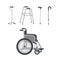 Wheelchair, cane, crutch, walkers, walking stick. Set of special Medical Rehabilitation Auxiliary Equipment for elderly