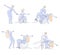 Wheelchair dance club. Men and women with disabilities sport leisure. Disabled people dancing simple line vector illustration set