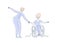 Wheelchair dance. Disabled people sport leisure. Man and woman couple with disabilities dancing simple line vector illustration