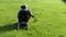 Wheelchair user metal detecting in a field