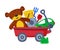 Wheeled Box of Baby Toys, Bucket, Car, Teddy Bear Cute Objects for Kids Development and Entertainment Cartoon Vector