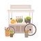 Wheeled cart, marketplace or counter with cheese, bottles and price tags. Place for selling food products on local