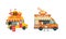 Wheeled Food Truck Selling Asian Wok and Burger as Street Snack Restaurant Vector Set