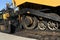 Wheels of an asphalt paving machine on new road