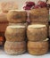 Wheels of seasoned Pecorino cheese, Sardinian speciality made with sheep`s milk, in a local market