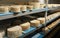 Wheels of sheep cheese on shelves in ripening room of cheese dairy
