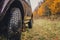 Wheels of an SUV on wet, fading grass at the edge of a forest in the Russian outback on a cloudy autumn day