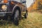 Wheels of an SUV on wet, fading grass at the edge of a forest in the Russian outback on a cloudy autumn day