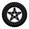 Wheels and tires are black. For a logo or emblem of a tire store or car workshop.