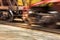 wheelset of a railway car rushes along the rails