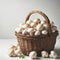 Whicker basket of button mushrooms isolated on solid white background. ai generative