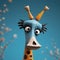 Whimsical 3d Giraffe Figurine With Blue Feathers And Painted Eyes