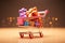 A whimsical 3D rendering and digital drawing showcase a shopping themed cartoon cart