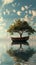 Whimsical adventure boat carrying tree, harmonious blend of nature