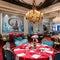 A whimsical Alice in Wonderland-themed dining room with oversized teacup chairs, playing card decorations, and chandelier1