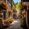 Whimsical alleyway adorned with hanging flowers, cobblestone streets, and locals enjoying tucked-away cafes in Quebec